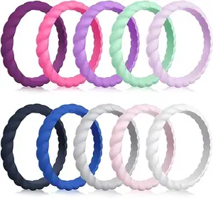 Fashion Design Silicone Wedding Ring For Women Thin And Stackable Braided Rubber Wedding Bands No-Toxic Skin Safe