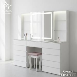 Coiffeuse moderne blanche à LED avec miroir éclairé, 11 tiroirs, plateau en verre, bureau de maquillage, ensemble de meubles de chambre - Product Image 1