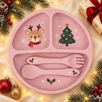 Assiette, cuillère et fourchette pour enfants, design de Noël, nouvelle arrivée, best-seller, silicone antidérapant, assiette en silicone pour bébé