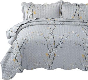 Soft and Breathable Grey Quilt Set Comforter <strong>Plum</strong> Blossom Lightweight Coverlet Quilt for Spring and Summer - Product Image 1