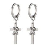Boucles d'oreilles créoles unisexes punk avec croix pendante, en acier inoxydable, détail noué, style niche unique et urbain, vente en gros