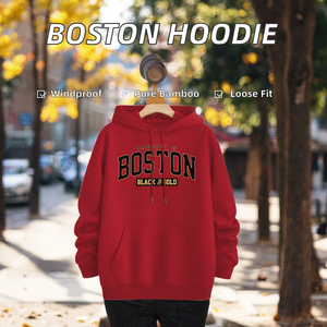 Sudadera con Capucha Gráfica Boston para Hombre - Azul Marino con Letras Doradas, Corte Holgado, Informal, Estampada para Otoño, 100% Fibra de Bambú, Cortavientos, Larga - Product Image 2