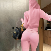 Ensemble de vêtements en tricot pour femmes sur mesure en usine OEM, vente en gros, sweat à capuche rose de haute qualité avec fermeture éclair et pantalon, ensemble deux pièces