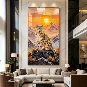 Tableau mural de luxe Léopard des neiges, scène de montagne pleine lune, animal sauvage, peinture en porcelaine cristalline LED, décoration de salon et de maison - Product Image 5