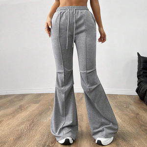 Women's Micro Flare Wide Leg Pants Summer Casual Drawstring Sweatpants with Front Seams Long <strong>Trousers</strong> - Product Image 1