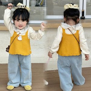 Tongxingyuan Girls Yellow Knit Vest Shirt And Wide Leg Jeans Set Spring Autumn Three Piece Outfit - Product Image 1