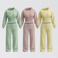 Ensemble de survêtement 2 pièces OEM pour femme, à rayures, avec sweat à capuche zippé, veste courte cintrée à la taille et pantalon large à cordon de serrage, personnalisable avec logo