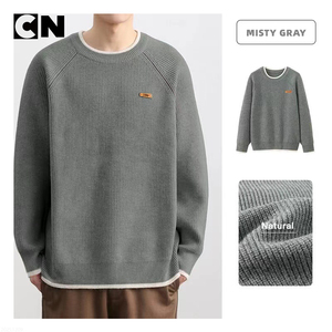 GRS Certification Winter Breathable Men's Polyester Faux Two-piece Casual Crew Neck Knit <b>Pullover</b> <b>Sweater</b> 360g Custom Logo - Product Image 2
