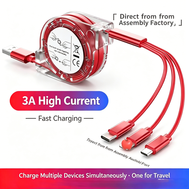 Retractable 3-in-1 Charging Cable, 3A Fast Charging Universal Multi Interface Phone Charger Cord for Car Home Travel