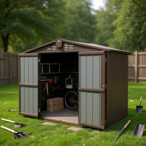 Abri de jardin en métal extérieur 10x8 pieds, verrouillable, double porte, étanche, pour le rangement des vélos, des outils et des équipements de jardin, couleur marron - Product Image 2