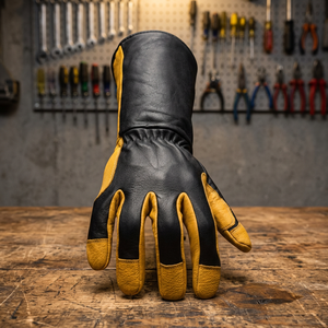 Leather Work Gloves <b>Full</b> Grain Black And Yellow Abrasion Resistant Anti <b>Slip</b> Gathered Cuff General Purpose Safety Gloves - Product Image 3