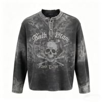 T-shirt personnalisé Kornit DTG, fabrication OEM, chemise Henley à manches longues vintage pour homme, effet délavé, motif crâne, streetwear