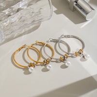 Anting Hoop Mutiara Lingkaran Dua Warna Trendy Terbaru, Anting Geometris Baja Anti Karat, Perhiasan Anti Kusam