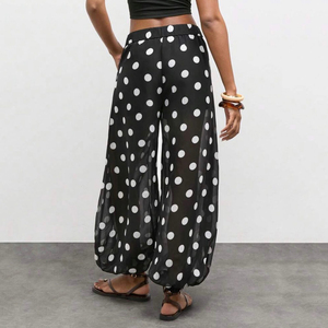 Polka Dot Breathable Chiffon Wide Leg Mid <b>Waist</b> Sheer Babushka <b>Trousers</b> <b>Elastic</b> Casual Summer Beach Wear - Product Image 5