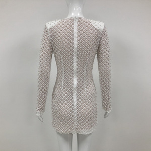 Robes ultra courtes pour femmes, sexy, à nœud papillon, manches longues, perles creuses, tendance - Product Image 5