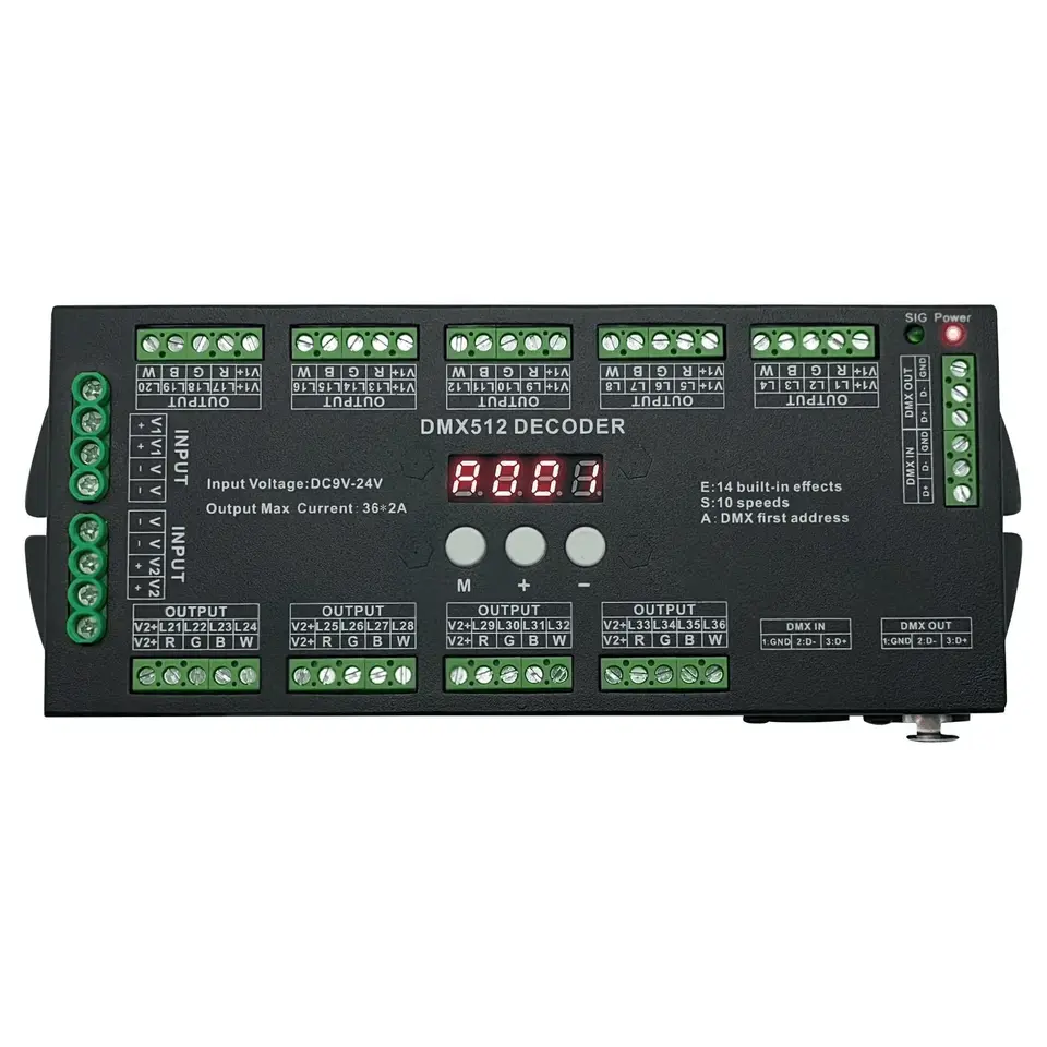 DMX512หน้าจอดิจิตอล36ช่องตัวถอดรหัสแรงดันคงที่ไดรเวอร์ DMX สำหรับแถบไฟ LED 4CH * 9กลุ่มขั้วต่อ XLR 36 C