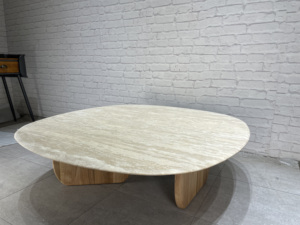 Table basse de salon au design minimaliste, prix de gros, base en bois massif, plateau en marbre naturel beige travertin - Product Image 3