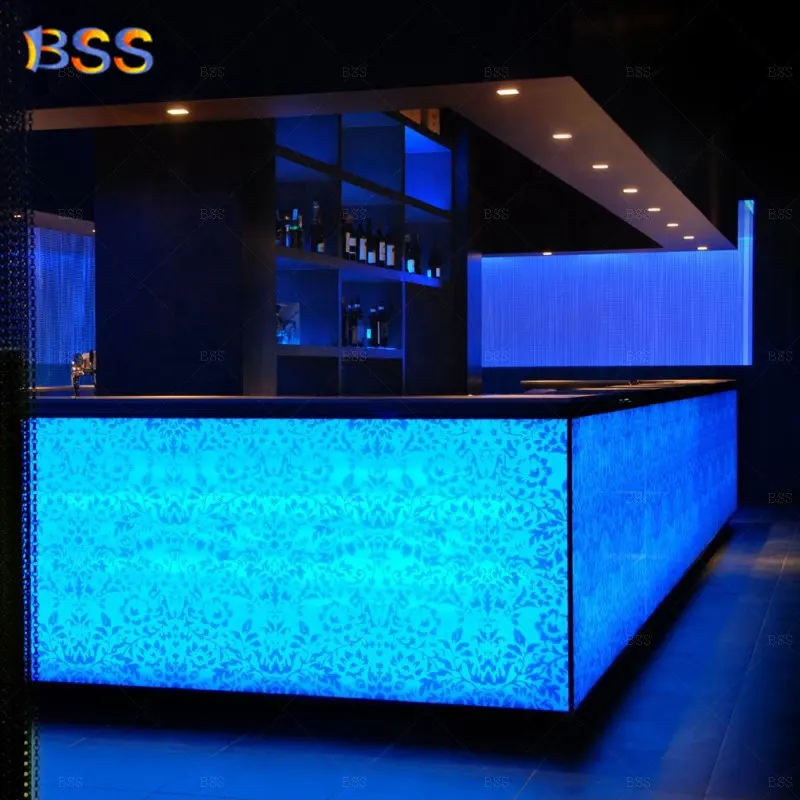 Bar Countertop untuk Klub Malam Kontemporer Modern Glowing Led Cahaya Biru Batu Akrilik Besar Bentuk U Klub Malam Bar Countertop