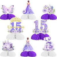 8 pièces de centres de table en nid d'abeille pour Quinceañera, décorations violettes pour 15e anniversaire, décorations florales pour filles, papillons, toppers de table pour Quinceañera