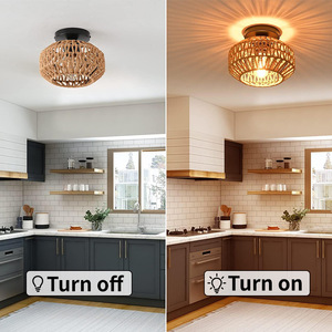 Plafonnier LED de style américain en fer et rotin tressé, à montage en surface, pour salles à manger, couloirs et entrées - Product Image 2