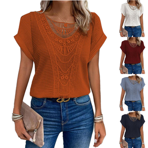 T-<span class=keywords><strong>shirt</strong></span> à col rond en dentelle respirante pour femmes, haut décontracté à manches courtes élégant pour les vacances d'été, chemisier à trous - Product Image 1