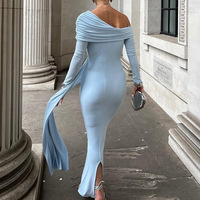 Robe moulante unie pour femme, style célébrité, épaules dénudées, manches longues, fente, sexy, élégante, pour soirée, vente en gros OEM