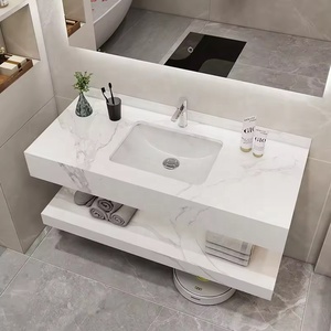 Vanité murale de salle de bain à usage domestique moderne dessus en marbre flottant évier intégré armoire à miroir LED vanité de bureau maquillage vanité - Product Image 1