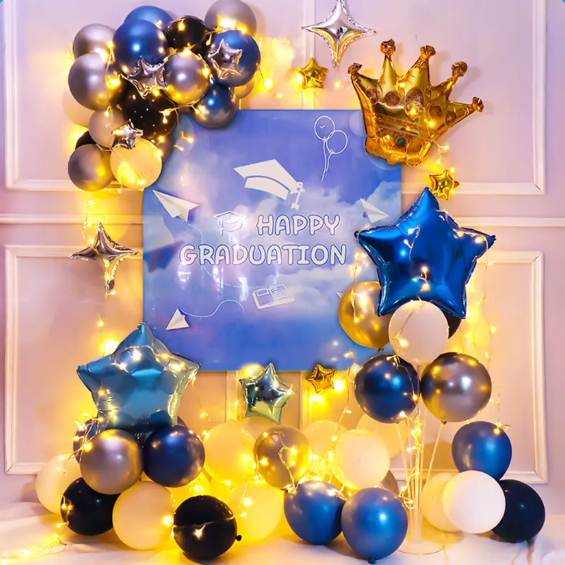 Wholesale Silver Decor Latex Balloon Crown Blue Star 2.5m LED Lights Lamp Home Wall Decoration Graduation Party Balloon Ideas