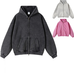 Sweat à capuche streetwear personnalisé hiver 500 g/m² en molleton 100 % coton vierge, zippé, vintage, double couche, effet soleil délavé et vieilli, délavé à l'acide - Product Image 1