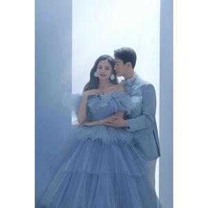 Strapless Light Wedding Dress Empire Waist Ball Gown Tulle Bright Steel Blue For Studio Photography Couple Portrait - Product Image 5