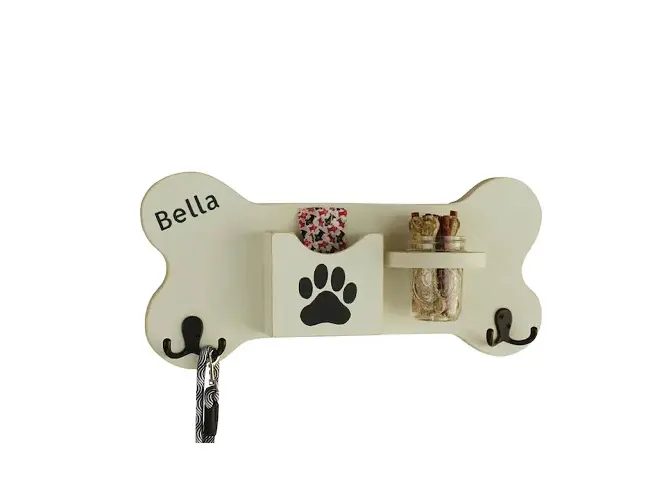 JUNJI Personalized Wood Dog Leash Holder with Doggie Treat Mason Jar Dog Lovers Gift Wood Wall Shelf with Leash Hooks