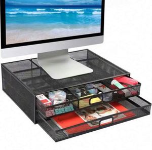 Metal Mesh Monitor Riser Desktop Stand with <b>Storage</b> Drawers <b>for</b> <b>Computer</b> Laptop LED LCD OLED Flat Screen Display and Printer - Product Image 2