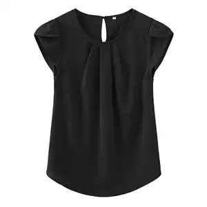 נשים מזדמנים צוואר עגול בסיסי קפלים עליון שרוול מנעול מעוקל חור מפתח אחורי חולצת שיפון