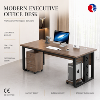 Bureau de direction avec plateforme pour tour d'ordinateur, support CPU intégré, plateau en bois foncé, cadre noir mat, table de bureau moderne