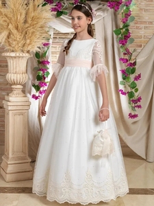 Индивидуальные платья для девочек на свадьбу: кружевные, из фатина, с аппликациями, поясом, А-силуэт, элегантные, для квинсеаньеры, первого причастия, выпускного вечера - Product Image 1