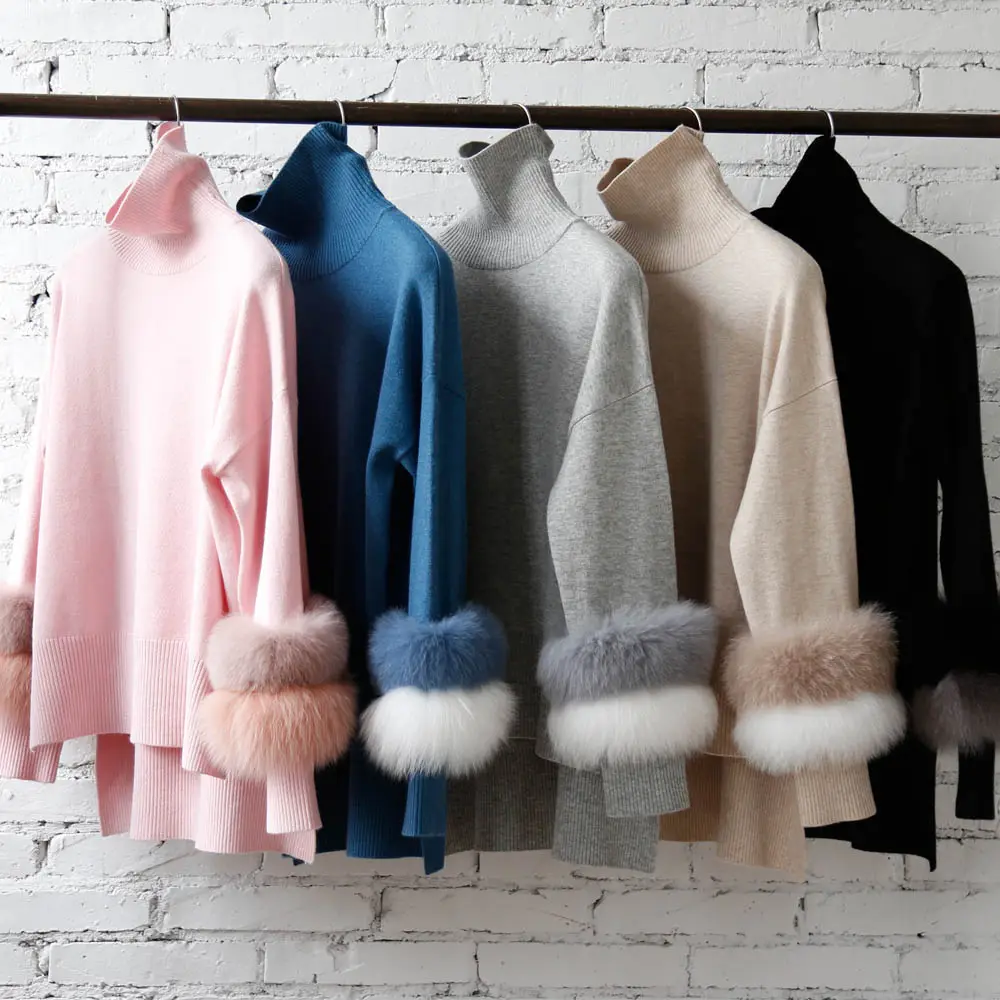 Hot Selling Wool Knit Turtle Neck Long Fur Sleeve Women's Pullover Sweater High Neck Sweater With Fur