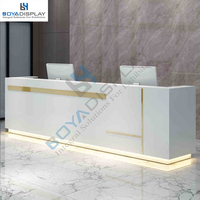 Vente en gros logo personnalisé taille pas cher prix d'usine meubles luxe argent beauté vente en forme de L table de réception bureau à vendre