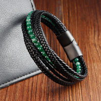 Bracelet Tressé Fait Main en Cuir Synthétique Noir Double Couche Fermoir en Acier Inoxydable Tressé Multi-Couche Bracelet Tendance