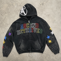 Sweat à capuche personnalisé avec broderie appliquée, effet vieilli, fermeture éclair ornée de strass, délavage acide, style vintage, en coton pour homme, streetwear