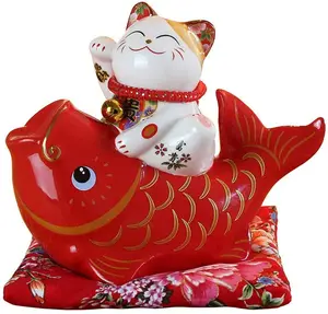 Hairui Neko — chat chanceux en céramique, poisson chinois Feng Shui blanc, Figure de chat chanceux Maneki Neko, boîte à monnaie, breloque porte-bonheur, tirelire