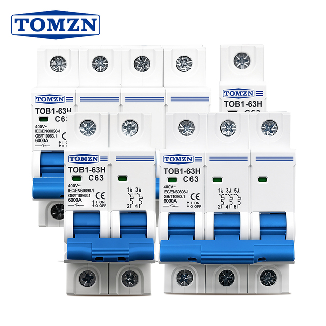 TOMZN AC MCB TOB1-63H C curve 230/400V~ 50HZ/60HZ Mini Circuit breaker 1P 2P 3P 4P 3A 6A 10A 16A 20A 25A 32A 40A 50A 63A