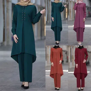 Dubai Abaya Turki Set 2 Potong Baju Muslim Celana Panjang Wanita Moroko Kaftan Islam Elbise Pakaian