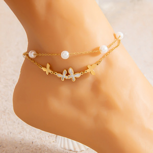 Stainless Steel <b>Anklet</b> With Pearl Double Butterfly Pendant 18K <b>Gold</b> Plated Women's Foot Ornament - Product Image 4