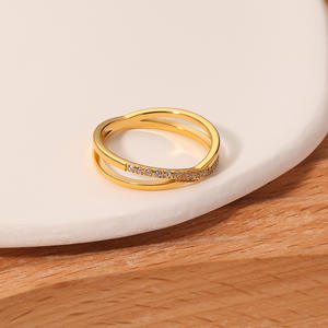 Creative Stainless Steel 18K Gold Plated <strong>X</strong> Shape Double Layers Cross Band Zirconia Women <strong>Ring</strong> Waterproof Jewelry - Product Image 3