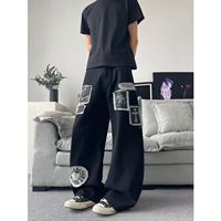 Jean droit noir pour homme, style streetwear gothique, délavé, patchwork, bords bruts, hip-hop, été-automne