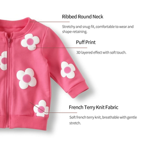 Felpa con Zip in Spandex/Cotone per Bambine, Collo Tondo, Polsini a Costine, Applicazione Floreale 3D, Rosa Tinta Unita, Colori Personalizzabili - Product Image 3