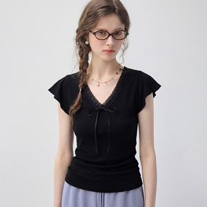 <span class=keywords><strong>เสื้อ</strong></span>ยืดแขนสั้นสีเทาอ่อน VEGA CHANG สำหรับผู้หญิง คอวี แต่งลูกไม้ แขนระบาย ผูกโบว์ ทรงเข้ารูป สไตล์ลำลอง ผ้าถัก - Product Image 1