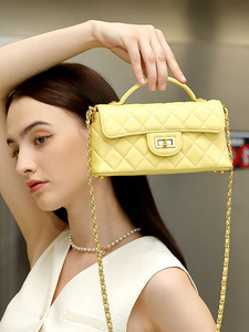 Women's Yellow Quilted genuine <b>Leather</b> Cross Body <b>Bag</b> With Chain Strap Classic Flap Closure Lightweight <b>small</b> designer handbags - Product Image 1