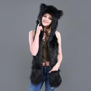 Personalizado de alta calidad de moda de las mujeres de tela de felpa de piel Animal <span class=keywords><strong>cabeza</strong></span> sombrero bufanda de invierno con orejas - Product Image 6