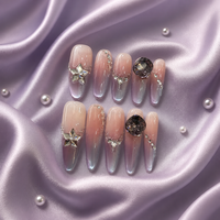 Ongles à presser en acrylique de luxe faits main Baolun, avec colle, motif œil de chat magnétique dégradé violet mystique, grandes pierres précieuses et breloques étoiles argentées